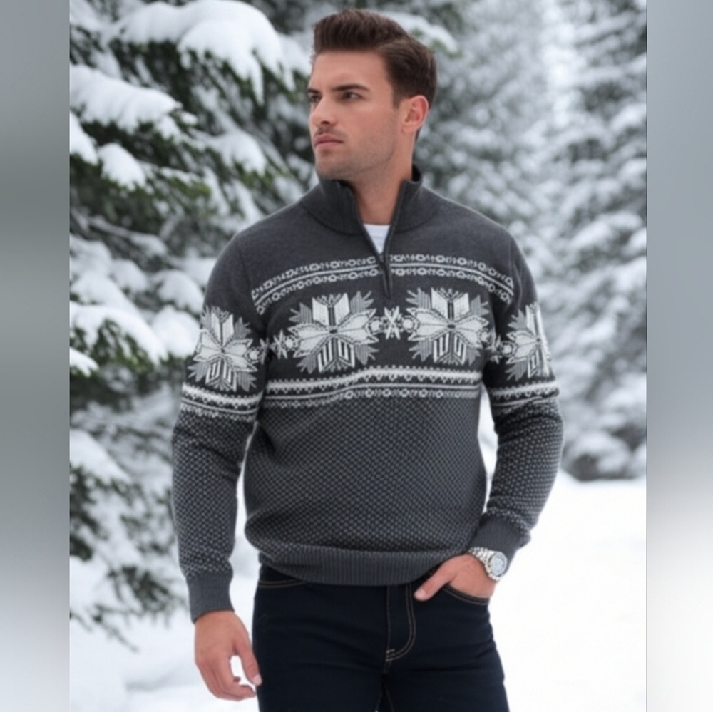 Aspen Men’s XL Nordic Snowflake Quarter-Zip Sweater Cotton Charcoal Gray Knit